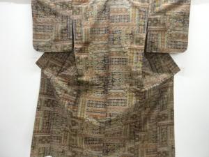 未使用品　抽象模様織り出し手織り真綿小千谷紬単衣着物